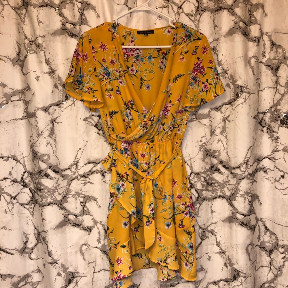 Yellow floral sun dress with belt